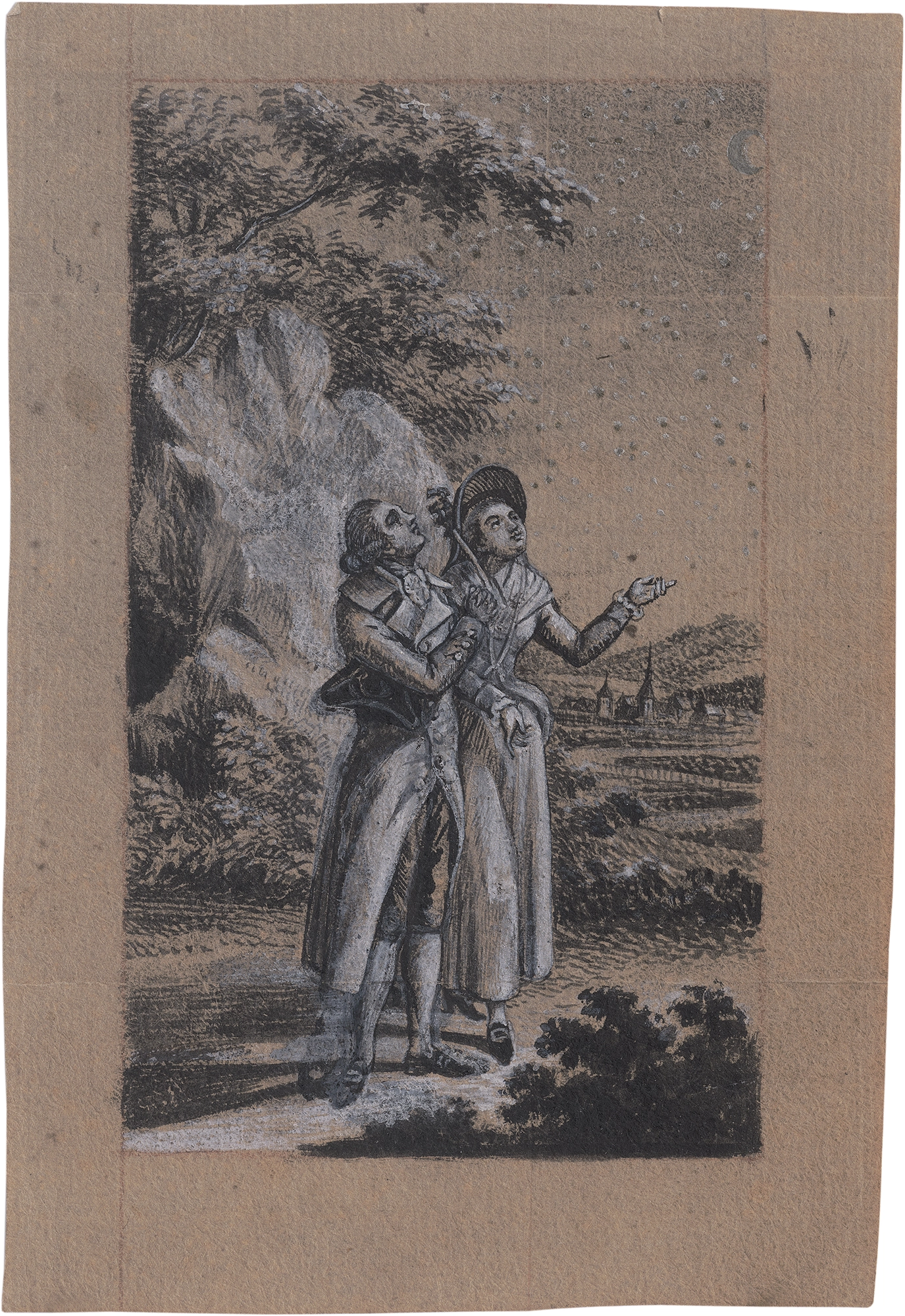 Daniel Chodowiecki, Paar unterm Sternenhimmel, 1758, Tinte auf Papier 12.3 × 7.3 cm
