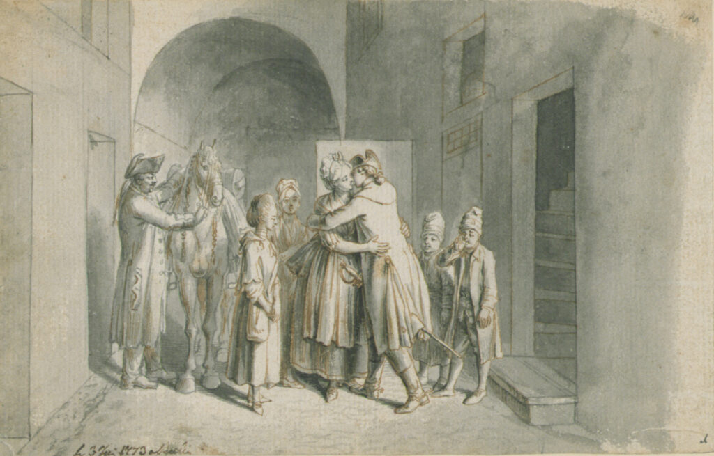 Daniel Chodowiecki, Paar unterm Sternenhimmel, 1758, Tinte auf Papier 12.3 × 7.3 cm