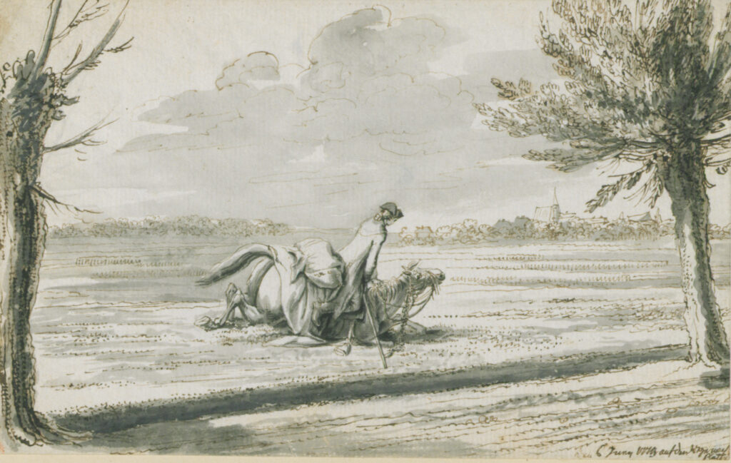 Daniel Chodowiecki, Paar unterm Sternenhimmel, 1758, Tinte auf Papier 12.3 × 7.3 cm